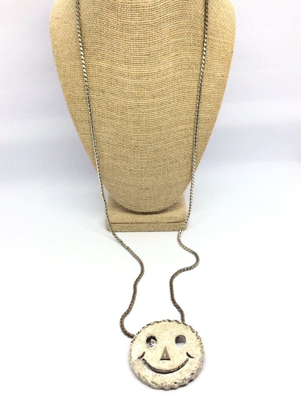 VINTAGE AVON Smiley Face Necklace Rhinestone Eyes Brooch Pendant Silver Tone